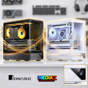 เคส mATX มีจอดิจิทัล กระจกโค้ง รับการ์ดจอ3พัดลม ทรงตู้ปลา ดำ ขาวMediaZShop Case D200 Jonsbo
