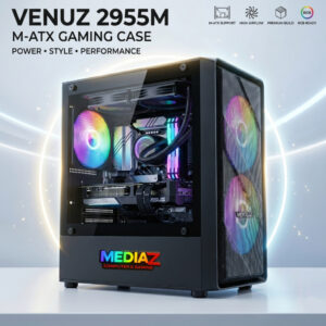 เคส mATX พัดลมใหญ่ 140มม. ฝากระจกนิรภัย หน้า mesh โปร่งเย็น Case Venuz 2955M MicroATX